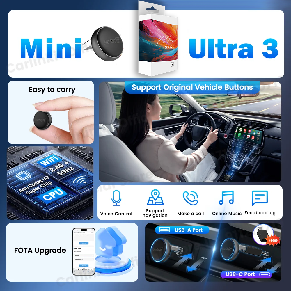 Carlinkit Wireless CarPlay & Android Auto Adapter - Mini Ultra 3 Convert OEM Wired to Wireless Dongle for iPhone & Android 11+, USB-A/Type-C Plug & Play, Fast Connection, Online Upgrade