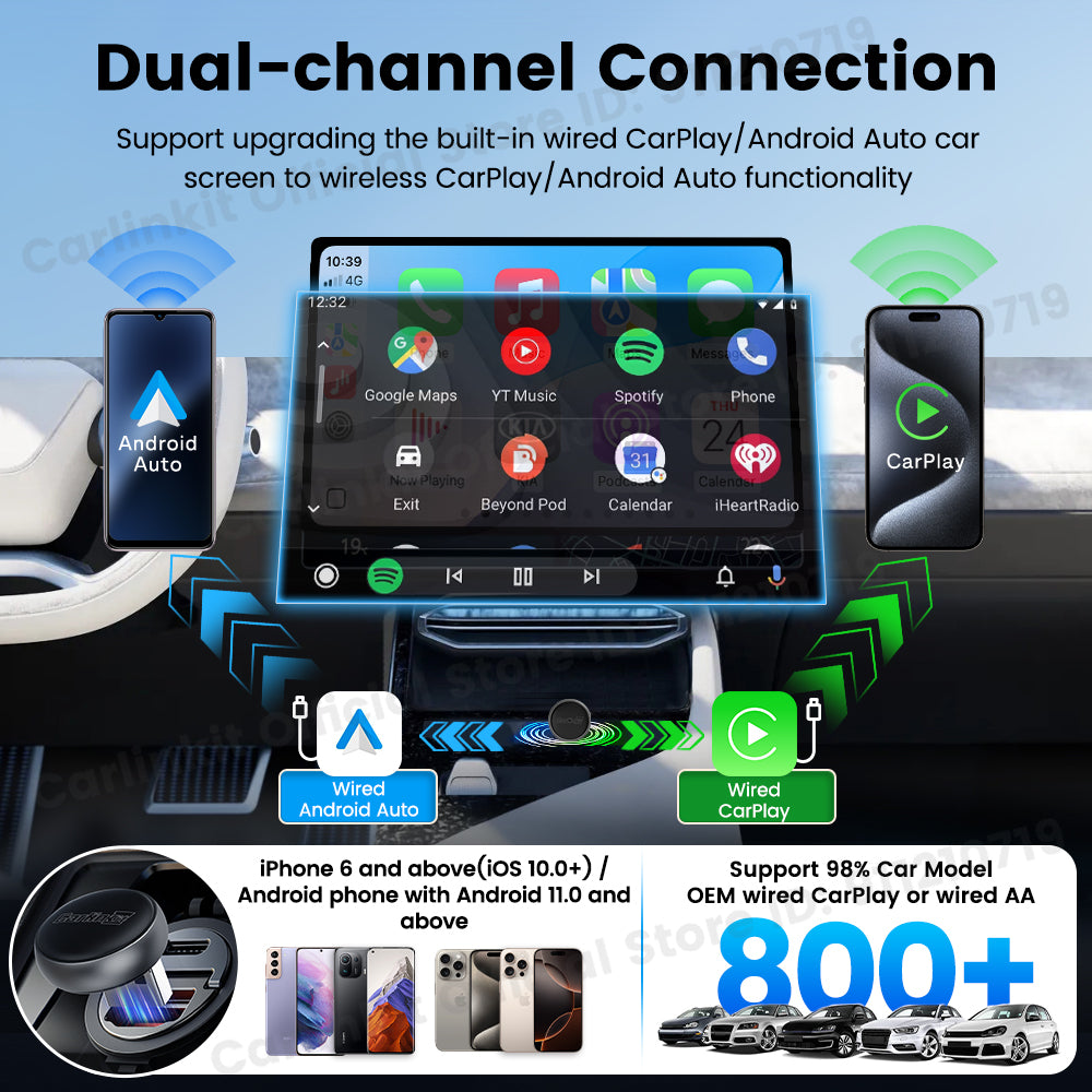 Carlinkit Wireless CarPlay & Android Auto Adapter - Mini Ultra 3 Convert OEM Wired to Wireless Dongle for iPhone & Android 11+, USB-A/Type-C Plug & Play, Fast Connection, Online Upgrade