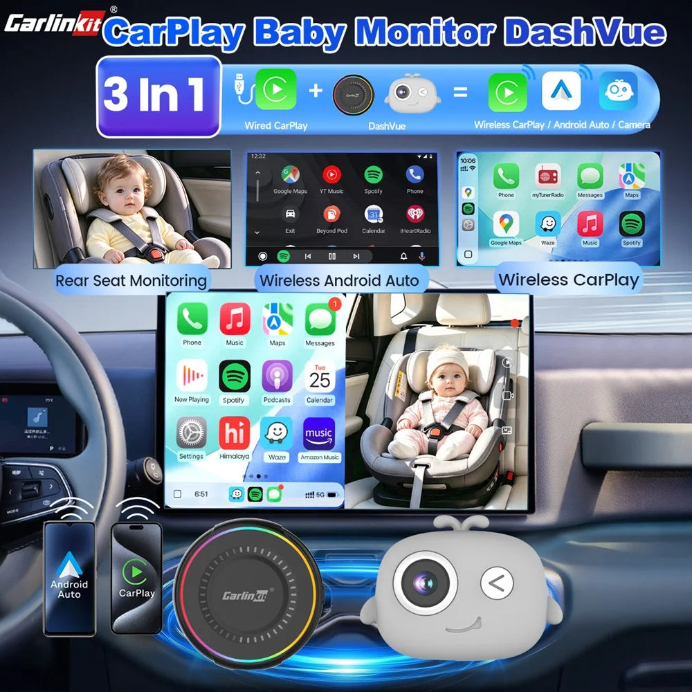 CarlinKit DashVue Rear Seat Baby Monitor Wireless CarPlay Android Auto Box 1080P Wide-angle Night Vision Split Screen Car Camera