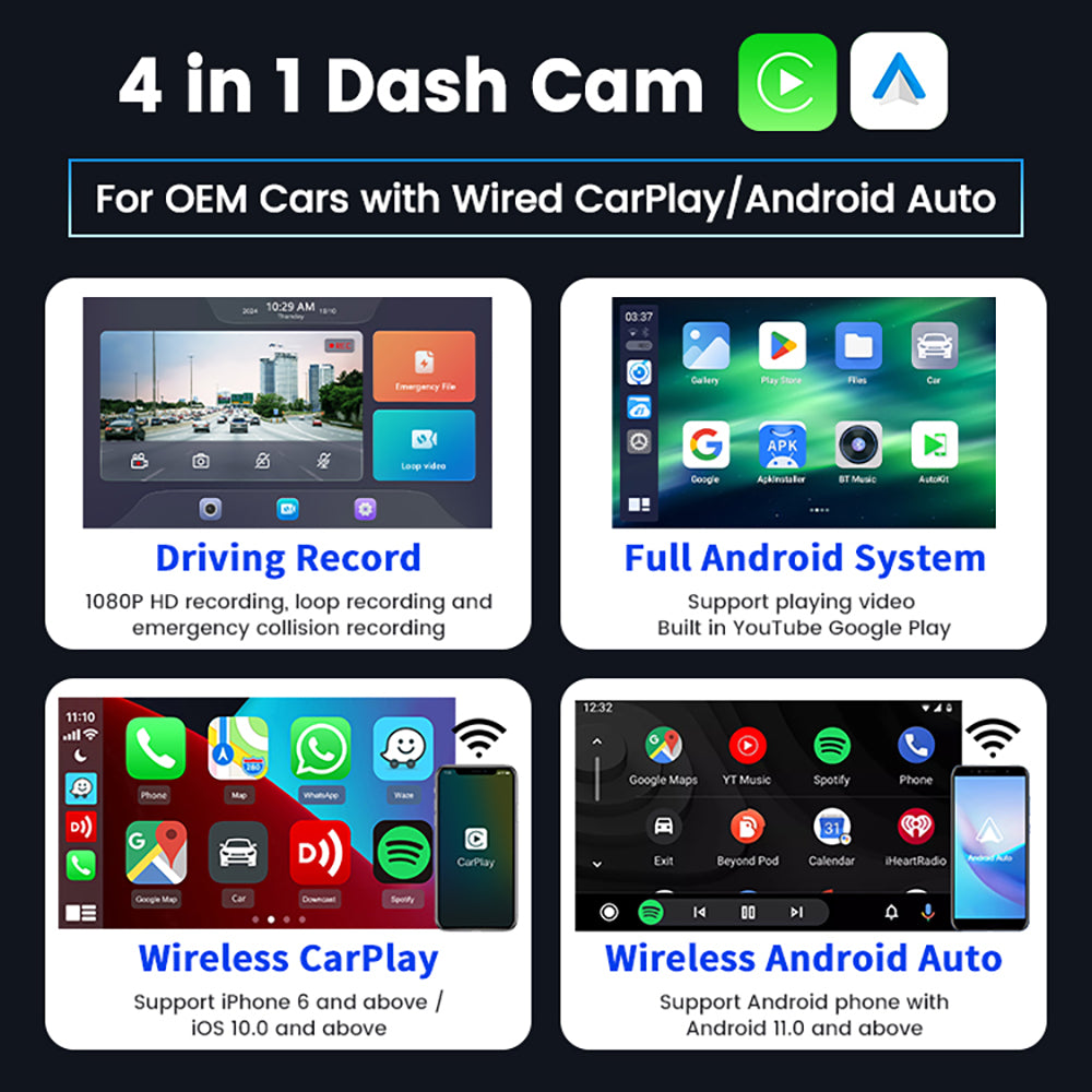 CarlinKit QCM 6125 Android 12 sans fil Carplay Al Box Android Auto HD Dash Cam 1080P 4G + 64G YouTube Netflix Google Play Mini TV Box