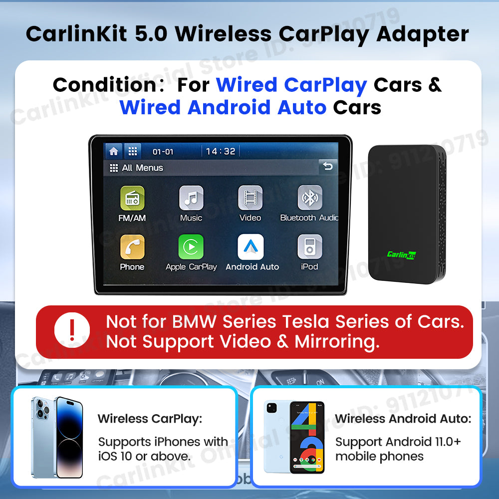 Carlinkit 5.0 2Air Wireless CarPlay Android Auto Wireless Box Two-Dual Adapter 2-Channel Work Waze Spotify 5.8Ghz WiFi BT Siri GPS Auto