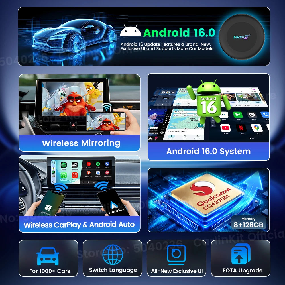 CarlinKit Android 16 Ultra 2 CarPlay AI Box CQ4390 8G+128GB Screen Mirroring Wireless Android Auto Split Screen FOTA For Netflix