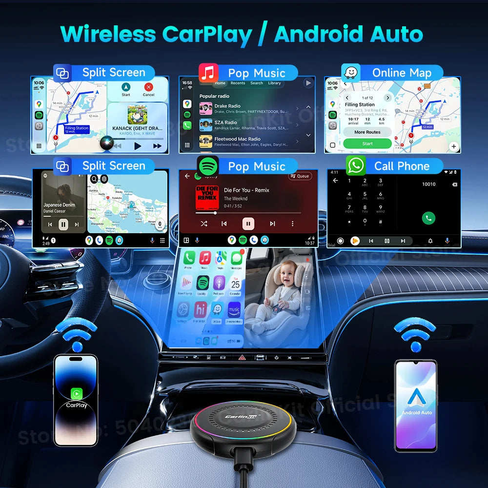 CarlinKit DashVue Rear Seat Baby Monitor Wireless CarPlay Android Auto Box 1080P Wide-angle Night Vision Split Screen Car Camera