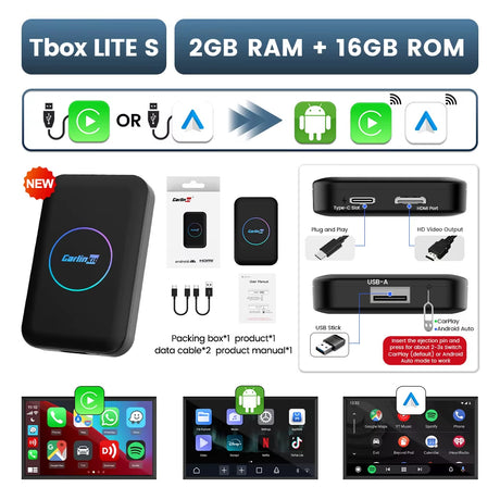 CarlinKit Android Ai Box Wireless Adatper Lite S Wireless Dongle CarPlay Android auto for IPTV Youtube Netfilx Spotify HD Output