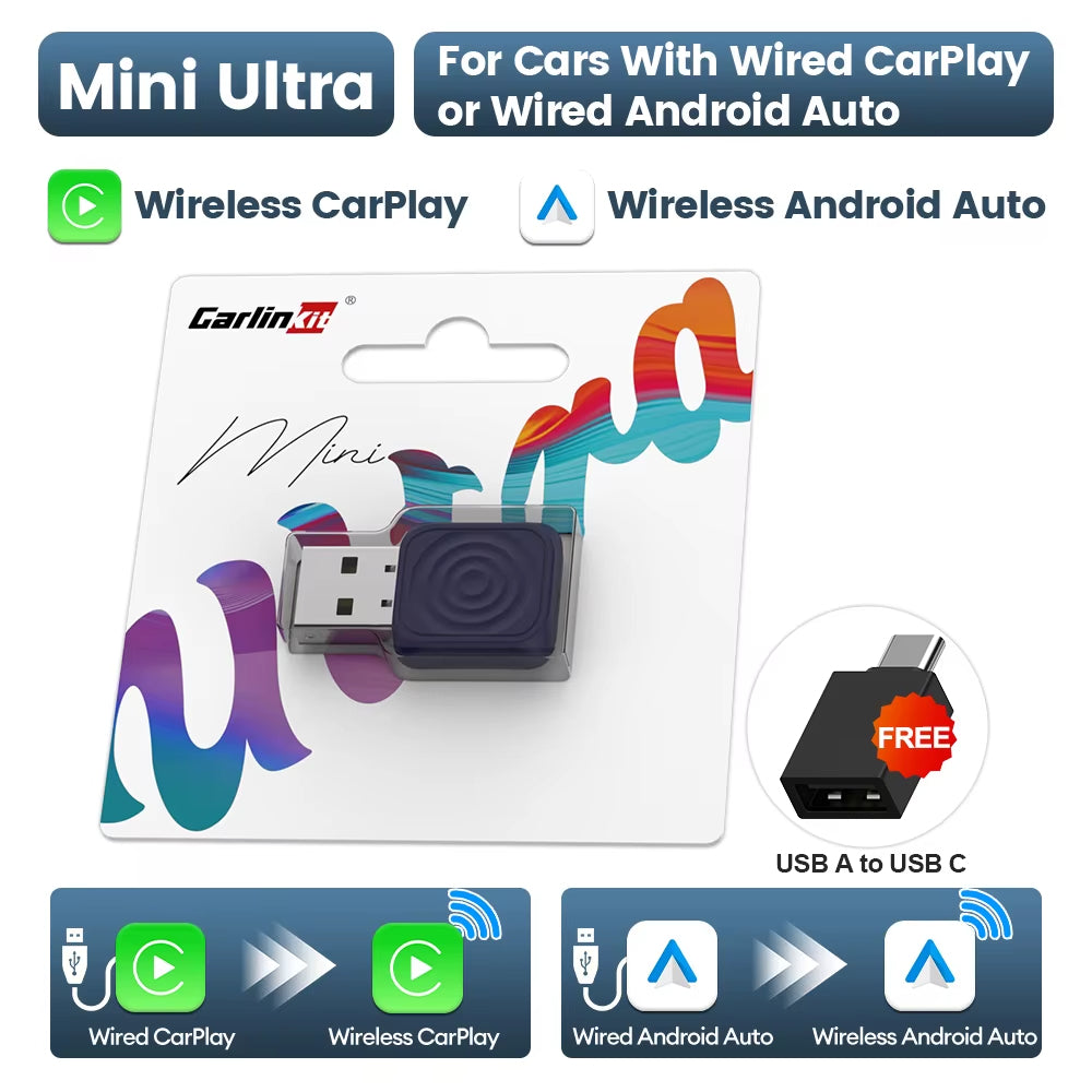 CarlinKit Mini Ultra Wireless Adapter Wireless Android Auto & CarPlay USB Dongle For Car Upgrade WiFi Bluetooth Auto Connect