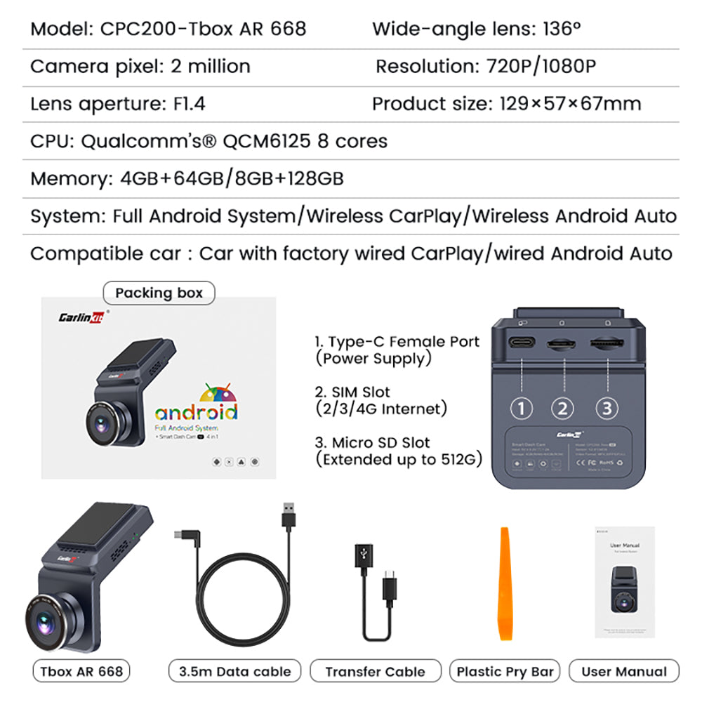 CarlinKit QCM 6125 Android 12 sans fil Carplay Al Box Android Auto HD Dash Cam 1080P 4G + 64G YouTube Netflix Google Play Mini TV Box