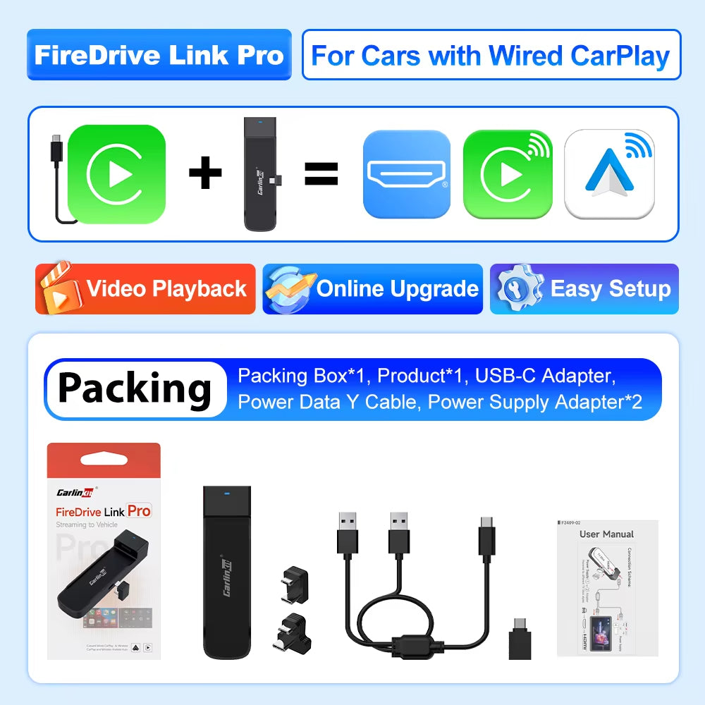 CarlinKit FireDrive Link Pro For Fire TV Stick Support Wireless CarPlay Android Auto HDMI TV Streaming Box Car Entertainment Box