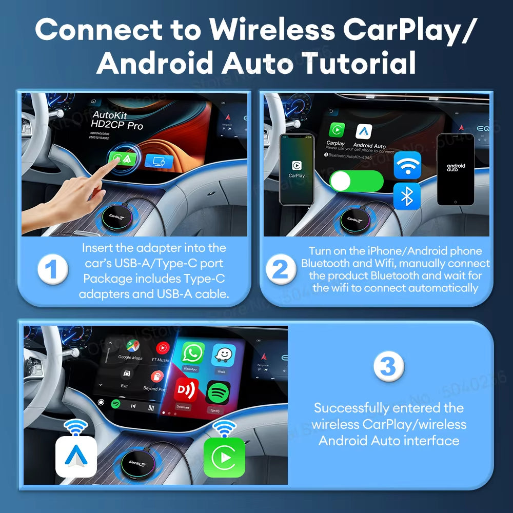 HD2CP Pro CarlinKit 3-In-1 Car Adapter Support HDMI Wireless CarPlay Wireless Android Auto HDMI Video Streaming Box Plug & Play