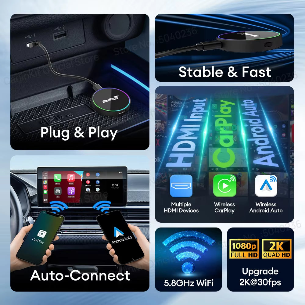 HD2CP Pro CarlinKit 3-In-1 Car Adapter Support HDMI Wireless CarPlay Wireless Android Auto HDMI Video Streaming Box Plug & Play