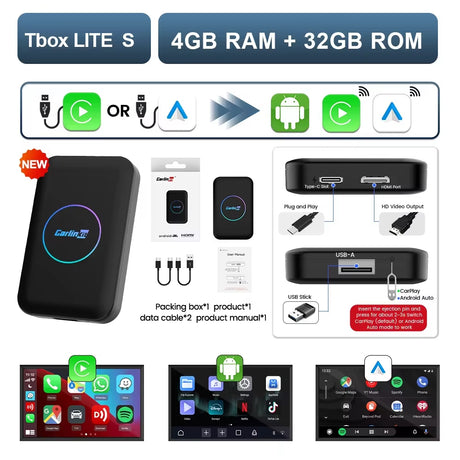 CarlinKit Android Ai Box Wireless Adatper Lite S Wireless Dongle CarPlay Android auto for IPTV Youtube Netfilx Spotify HD Output