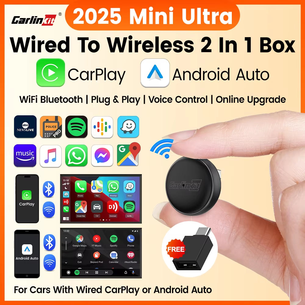 Carlinkit Wireless CarPlay & Android Auto Adapter - Mini Ultra 3 Convert OEM Wired to Wireless Dongle for iPhone & Android 11+, USB-A/Type-C Plug & Play, Fast Connection, Online Upgrade