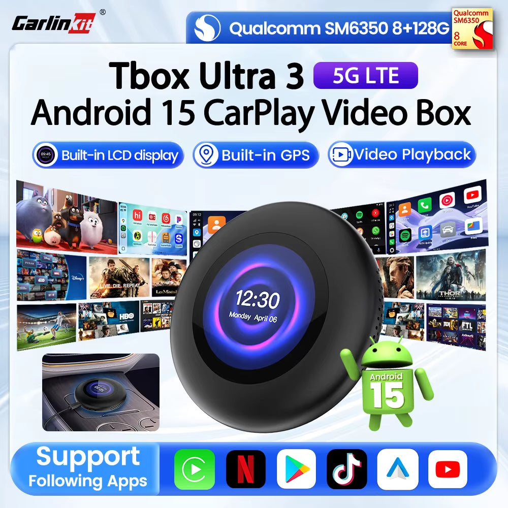 Carlinkit 5G LTE Tbox Ultra 3 Android Tv Box Android 15 Wireless Carplay Adapter QCM6350 Smart Car Ai Box Carplay For Netflix Youtube