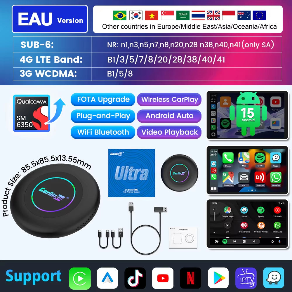 Carlinkit Ultra 2 Android 15 CarPlay Ai Box Wireless Android Auto Video Adapter Support Youtube Netflix TF SIM Card 128GB WiFi 6