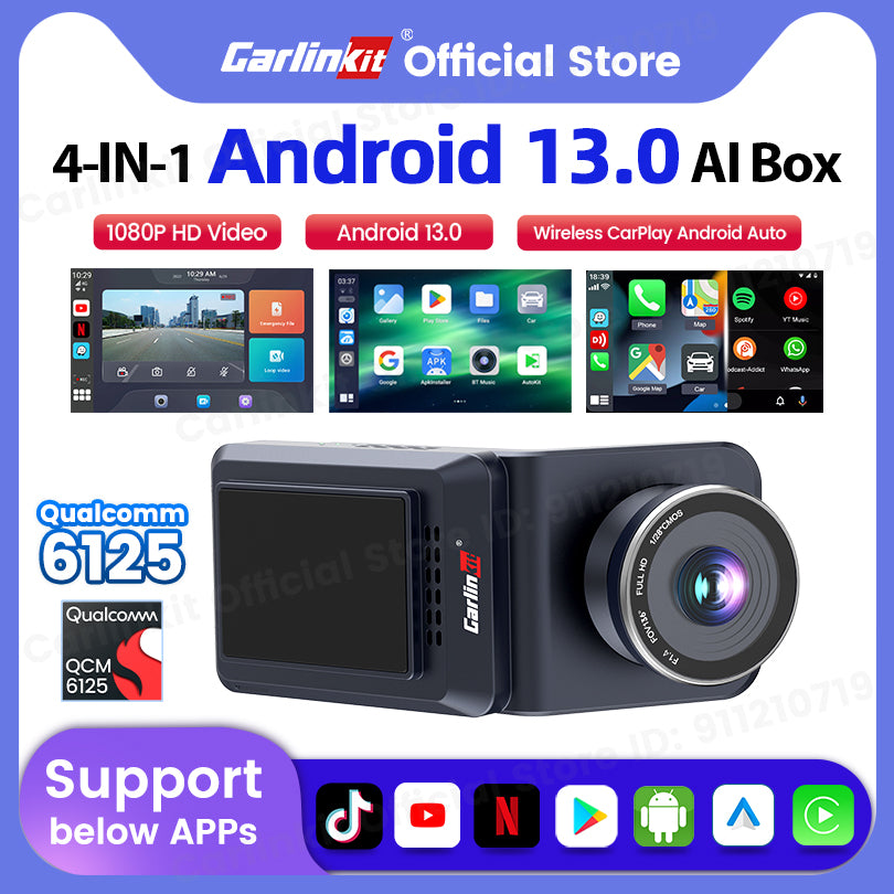 CarlinKit QCM 6125 Android 12 sans fil Carplay Al Box Android Auto HD Dash Cam 1080P 4G + 64G YouTube Netflix Google Play Mini TV Box