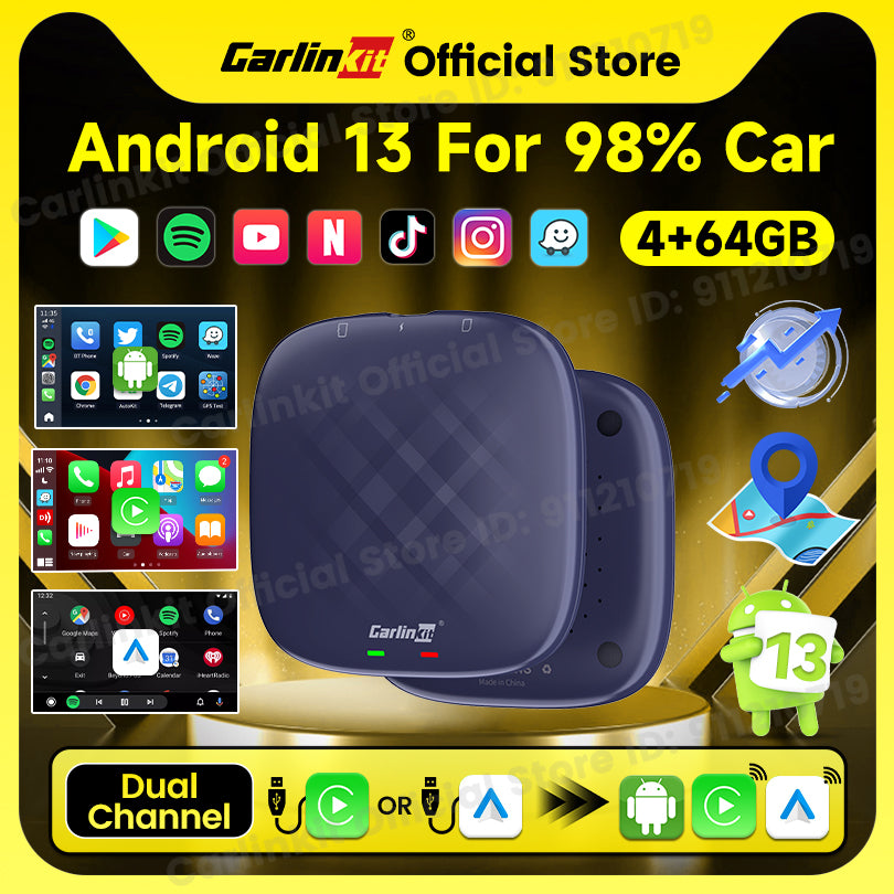 CarlinKit 2023 Android 13 Carplay Ai Box 4G + 64G 8 Core sans fil Android Auto Apple Carplay multimédia Smart Ai Box