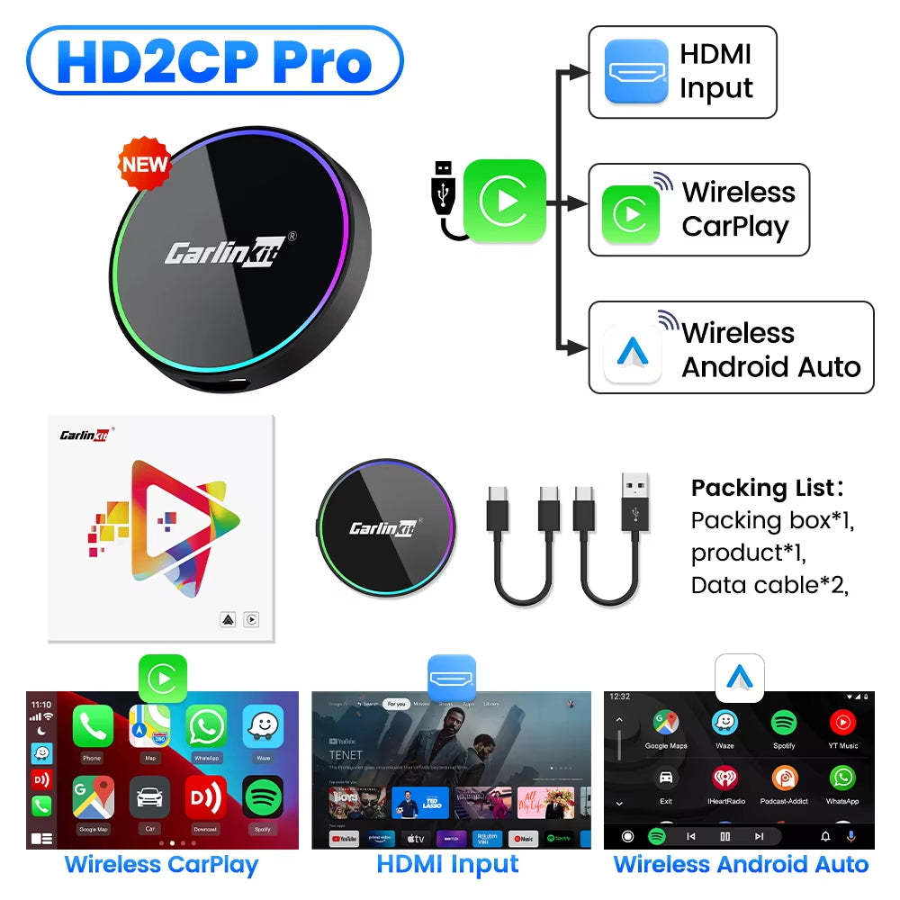 HD2CP Pro CarlinKit 3-In-1 Car Adapter Support HDMI Wireless CarPlay Wireless Android Auto HDMI Video Streaming Box Plug & Play