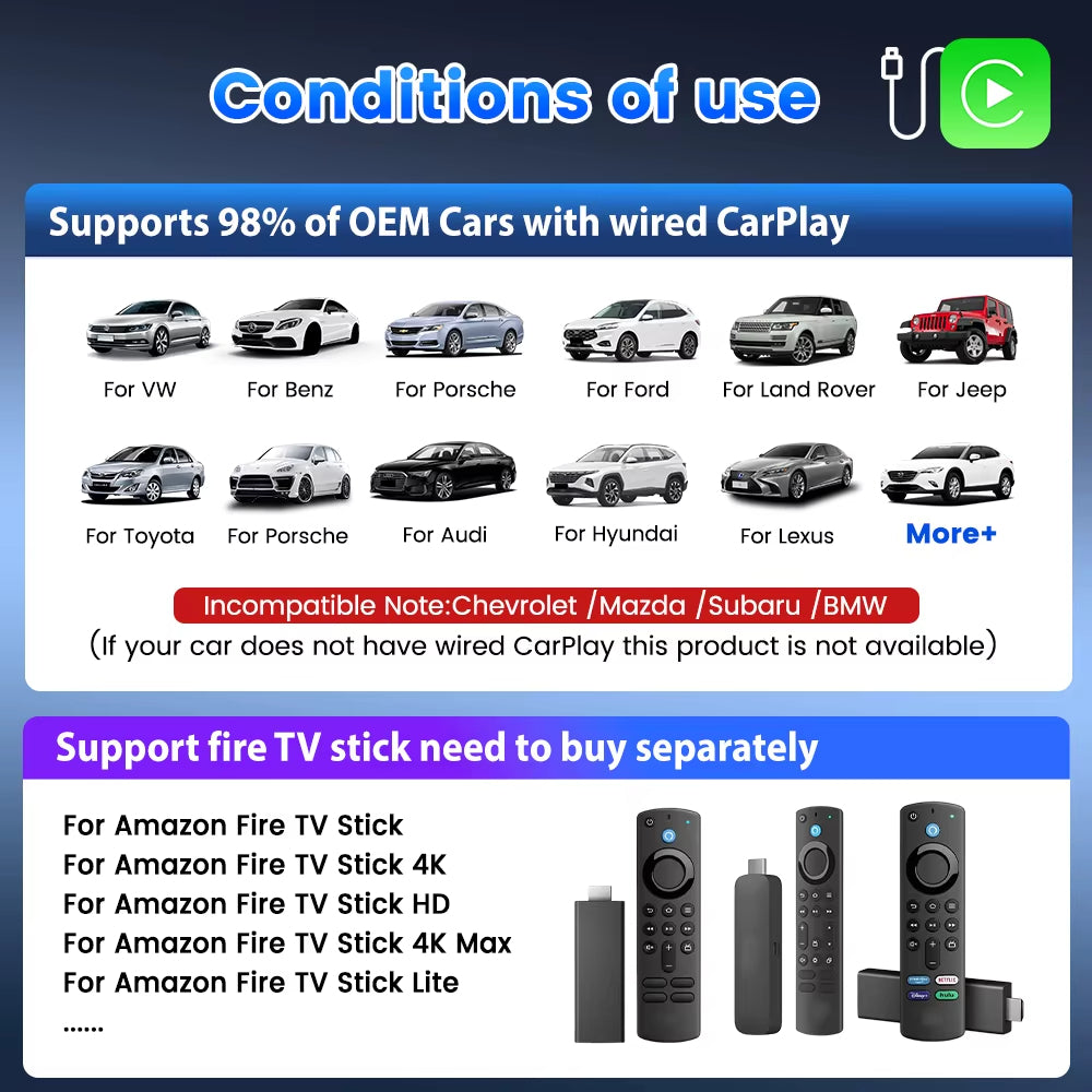 Carlinkit Support Fire TV Stick Specifically designed for Amazon Fire TV Stick Enjoy Streaming in Your Car Wired CarPlay to HDMI