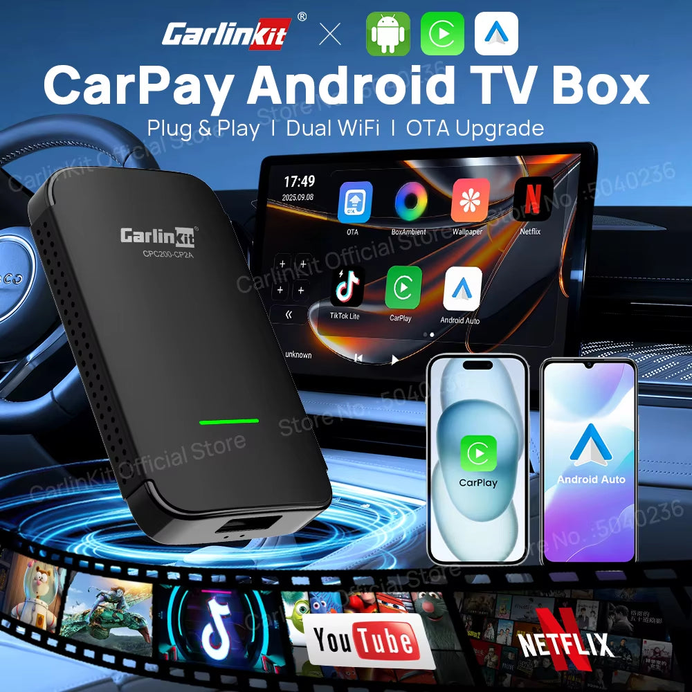 Carlinkit CP2A Pro Android TV Box &Wireless Android Auto & CarPlay 3-In-1 Adapter Wireless Auto Connect For Netflix Smart Ai Box