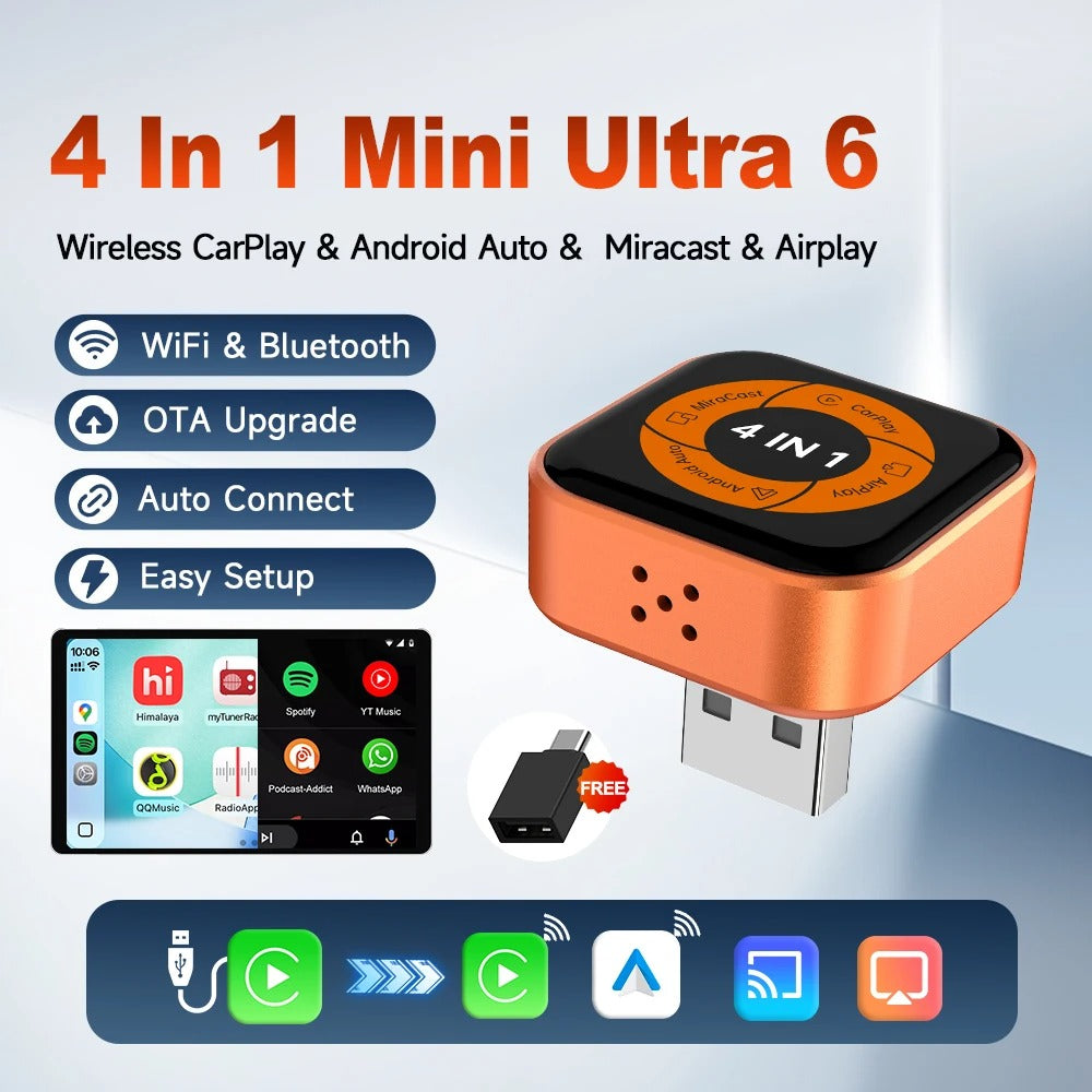 CarlinKit Mini Ultra 6 4-In-1 Wireless Screen Mirror Wireless CarPlay Android Auto Adapter Auto-Connect Mirror Phone Play Video