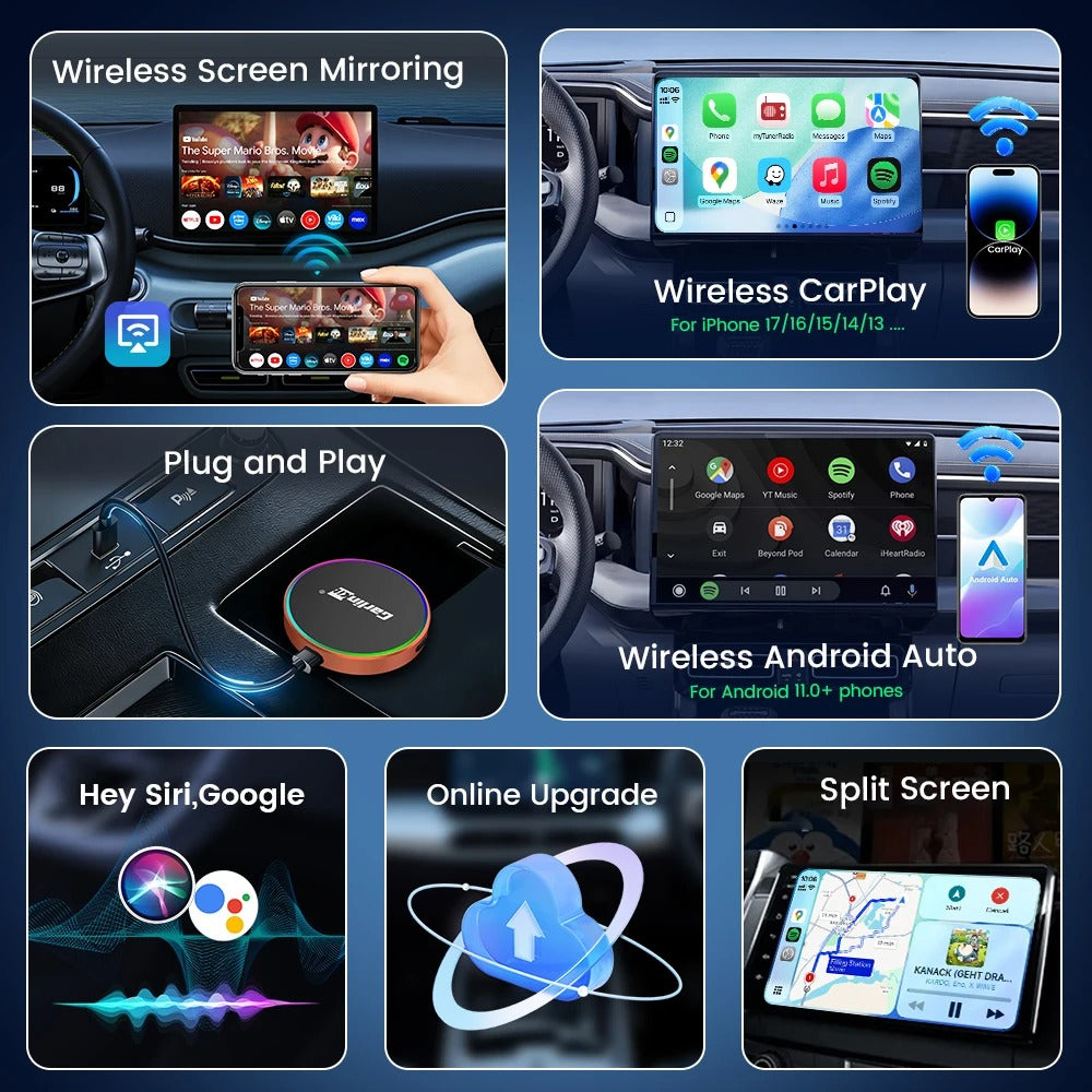 CarlinKit CP2A-M Wireless Screen Mirroring Android Auto CarPlay Adapter Online Upgrade WiFi 6 BLE5.4 Auto-Connect Smart AI Box