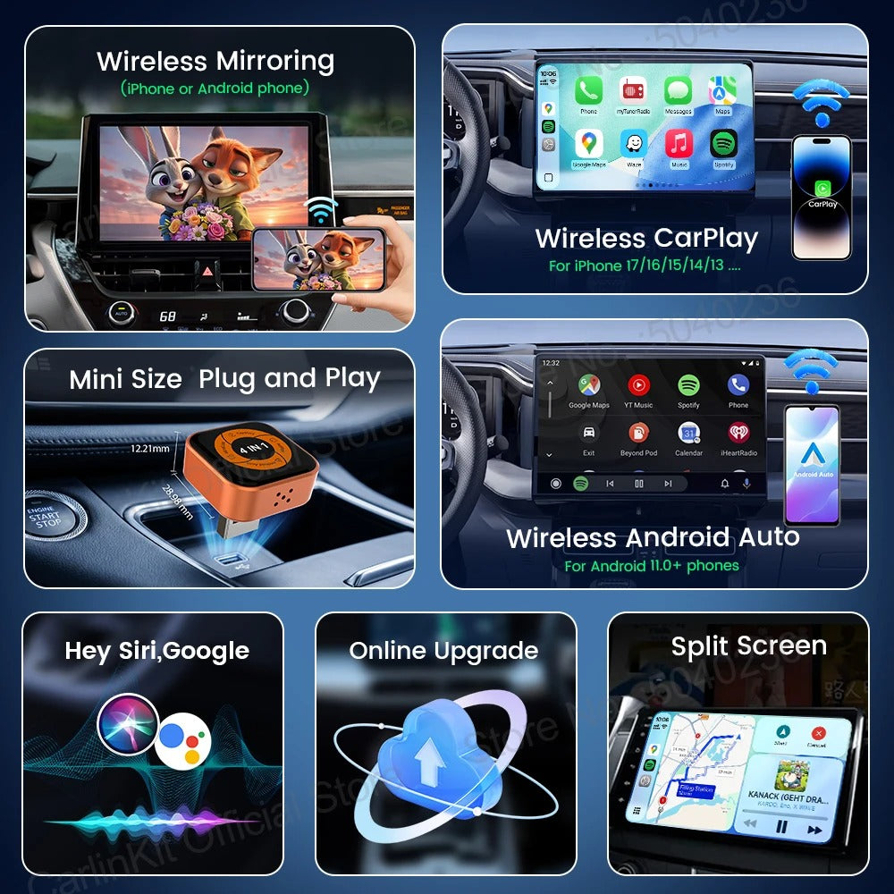 CarlinKit Mini Ultra 6 4-In-1 Wireless Screen Mirror Wireless CarPlay Android Auto Adapter Auto-Connect Mirror Phone Play Video