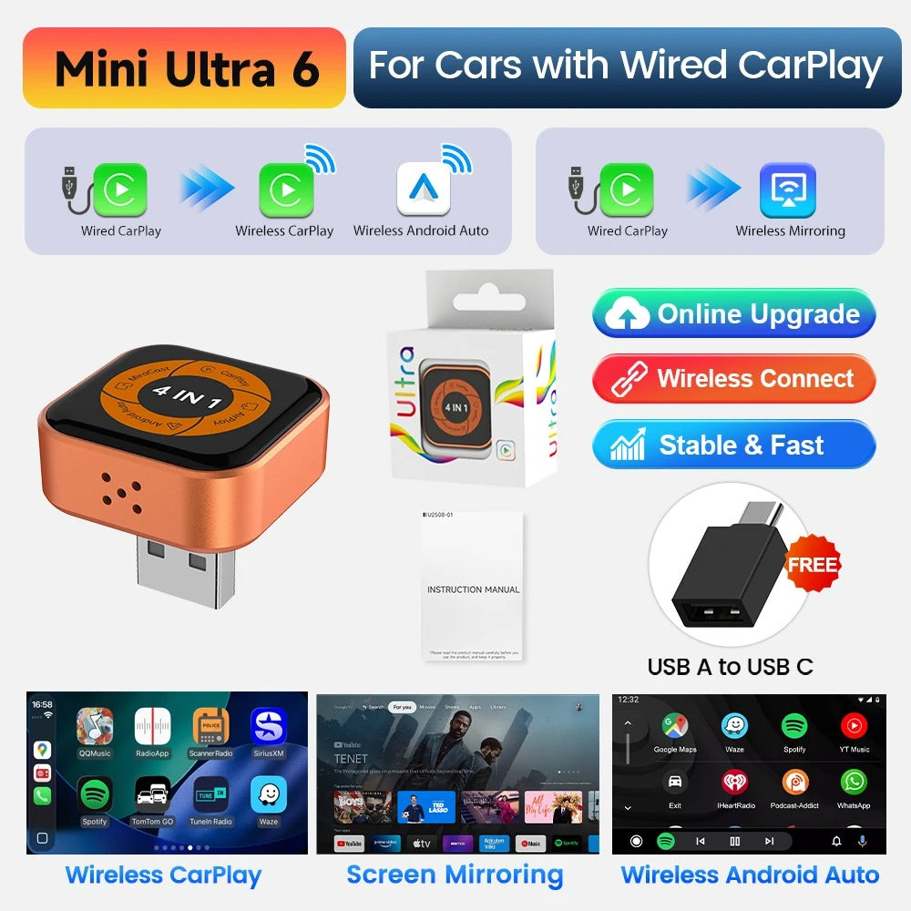 CarlinKit Mini Ultra 6 4-In-1 Wireless Screen Mirror Wireless CarPlay Android Auto Adapter Auto-Connect Mirror Phone Play Video