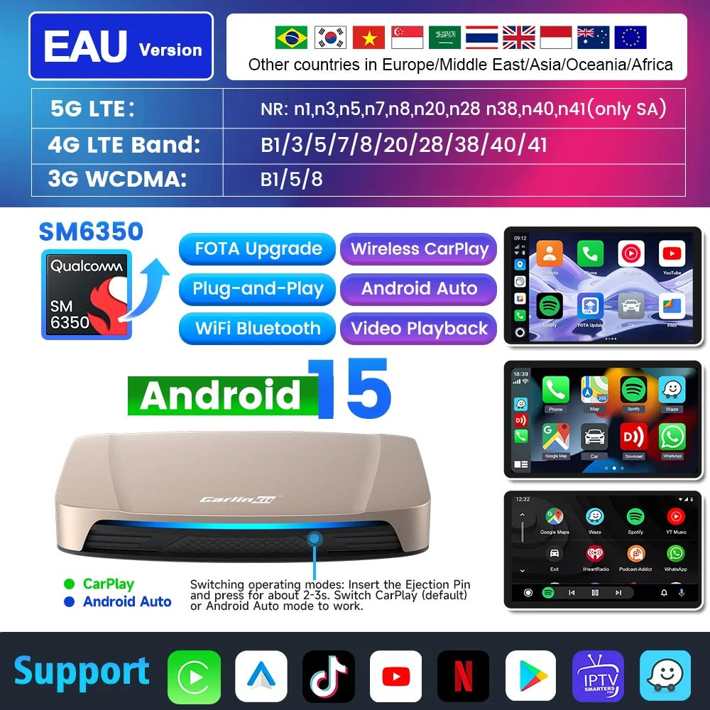 Carlinkit Android 15 AI Box Ultra 8+128G Wireless Carplay Car Streaming Box Android Auto Wireless Adapter Qualcomm SM6350 Support Youtube/Netflix