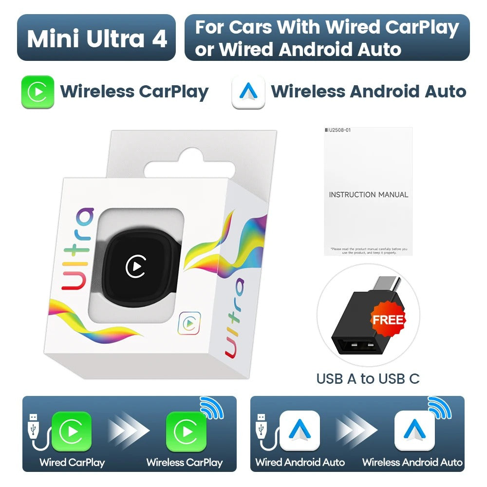 CarlinKit Mini Ultra 4 Wireless Adapter Wireless CarPlay Android Auto Plug &Play WiFi Bluetooth Auto Connection OTA Upgrade