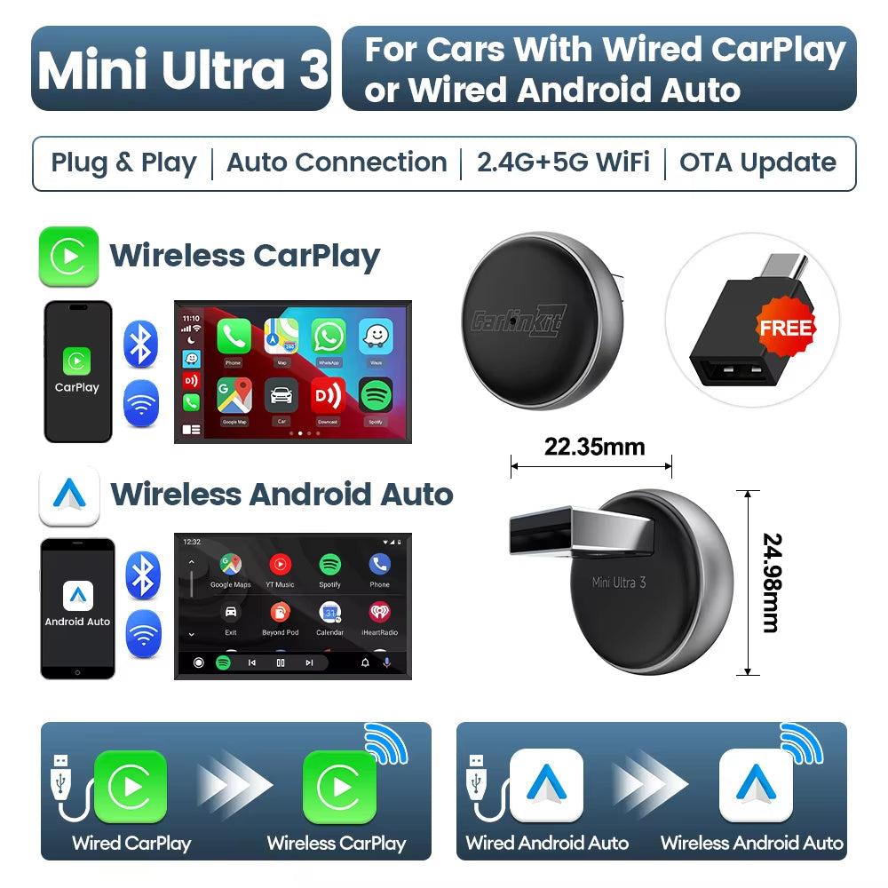 Carlinkit Wireless CarPlay & Android Auto Adapter - Mini Ultra 3 Convert OEM Wired to Wireless Dongle for iPhone & Android 11+, USB-A/Type-C Plug & Play, Fast Connection, Online Upgrade