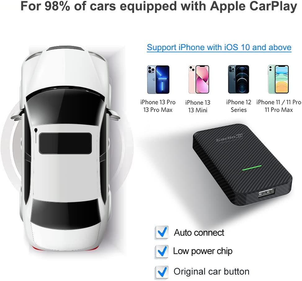 Carlinkit 3.0 Activateur de dongle sans fil Apple CarPlay pour Audi Benz Mazda Porsche Volkswagen Volvo Ford Citroën Honda Nissan Toyota Car MP4 MP5 Play Coque en fibre de carbone