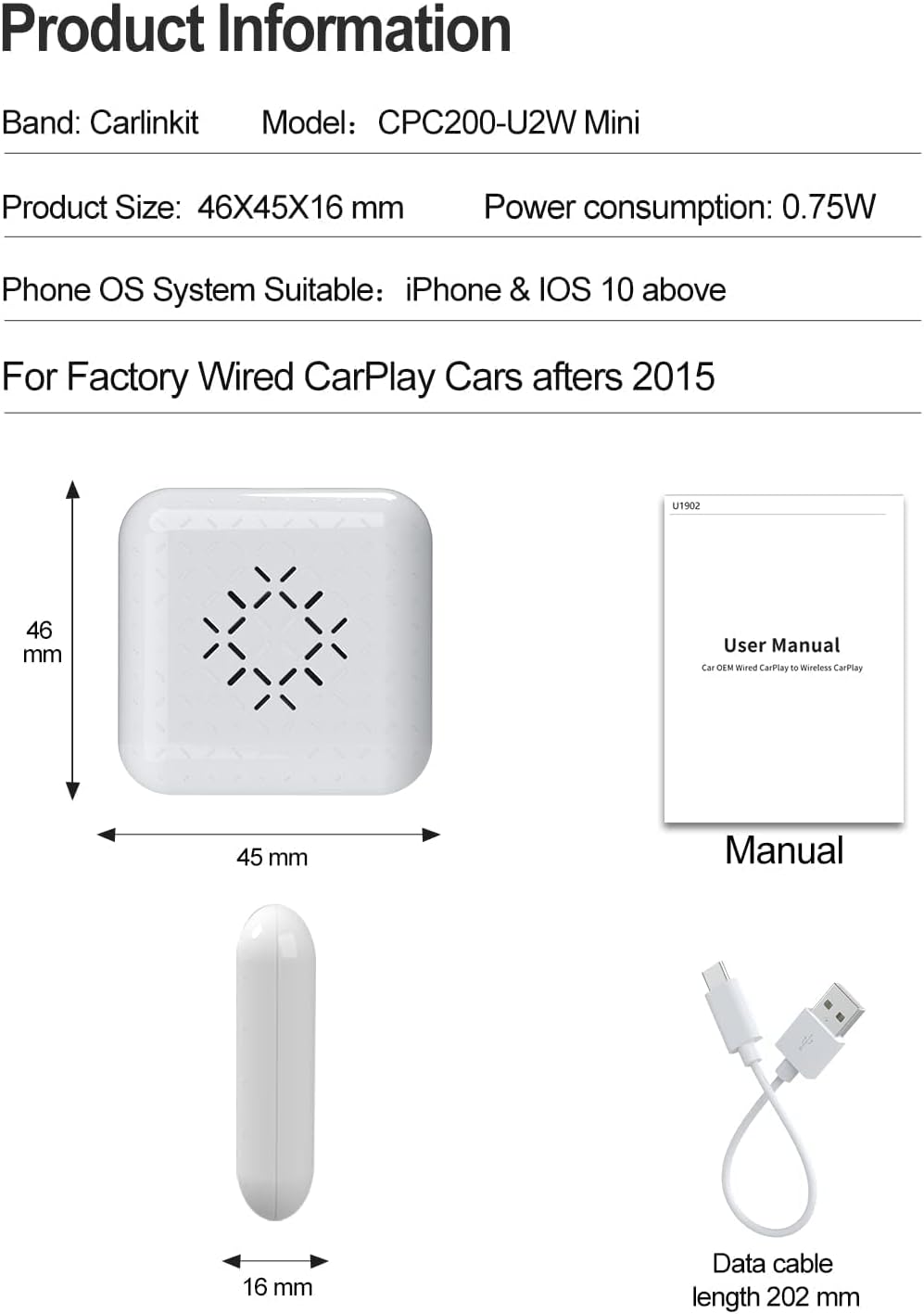 Carlinkit 3.0 MINI boîtier CarPlay sans fil Bluetooth Auto pour voiture d'origine filaire à CarPlay sans fil prend en charge 98% des modèles de voiture
