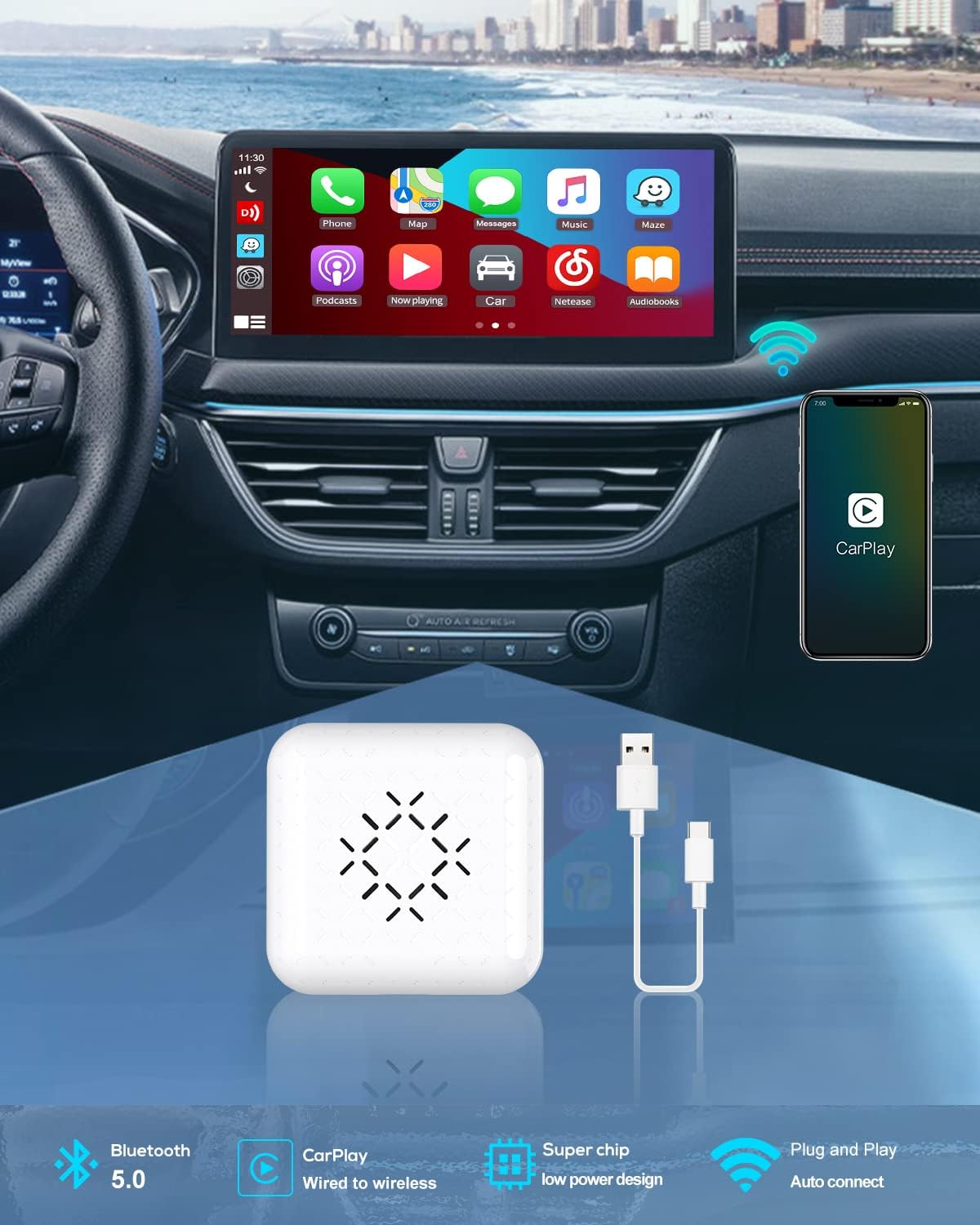 Carlinkit 3.0 MINI boîtier CarPlay sans fil Bluetooth Auto pour voiture d'origine filaire à CarPlay sans fil prend en charge 98% des modèles de voiture