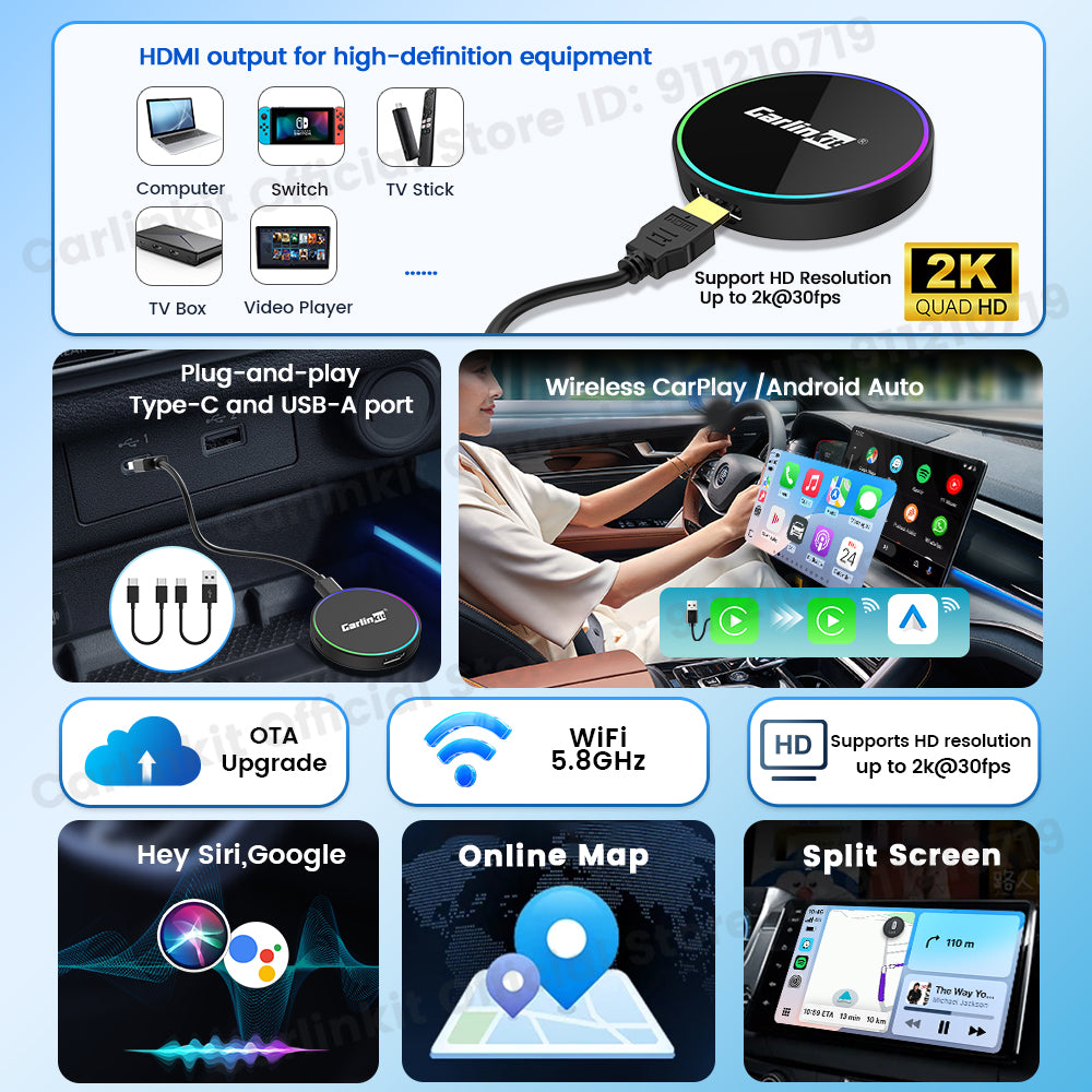 HD2CP Pro CarlinKit 3-In-1 Car Adapter Support HDMI Wireless CarPlay Wireless Android Auto HDMI Video Streaming Box Plug & Play