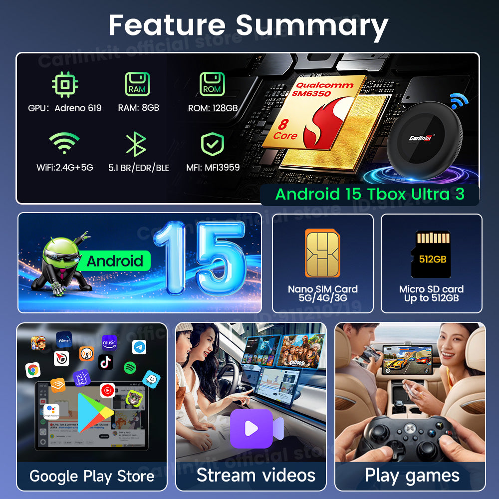 Carlinkit 5G LTE Tbox Ultra 3 Android Tv Box Android 15 Wireless Carplay Adapter QCM6350 Smart Car Ai Box Carplay For Netflix Youtube