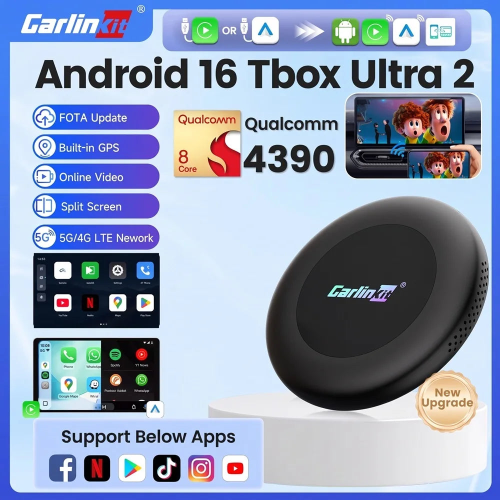 CarlinKit Android 16 Ultra 2 CarPlay AI Box CQ4390 8G+128GB Screen Mirroring Wireless Android Auto Split Screen FOTA For Netflix