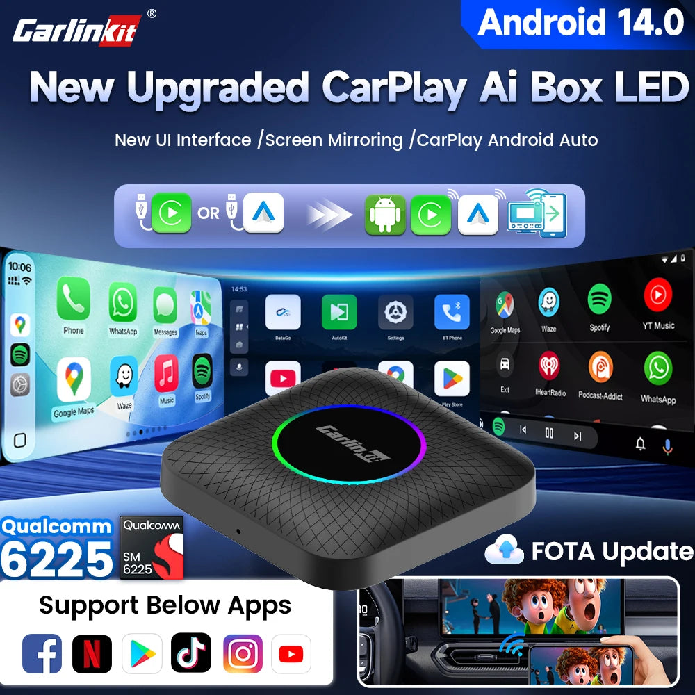 CarlinKit Android 14 New Upgrade CarPlay AI Box SM6225 8+128G Screen Mirroring GPS For YouTube Play Store Wireless Android Auto Adapter