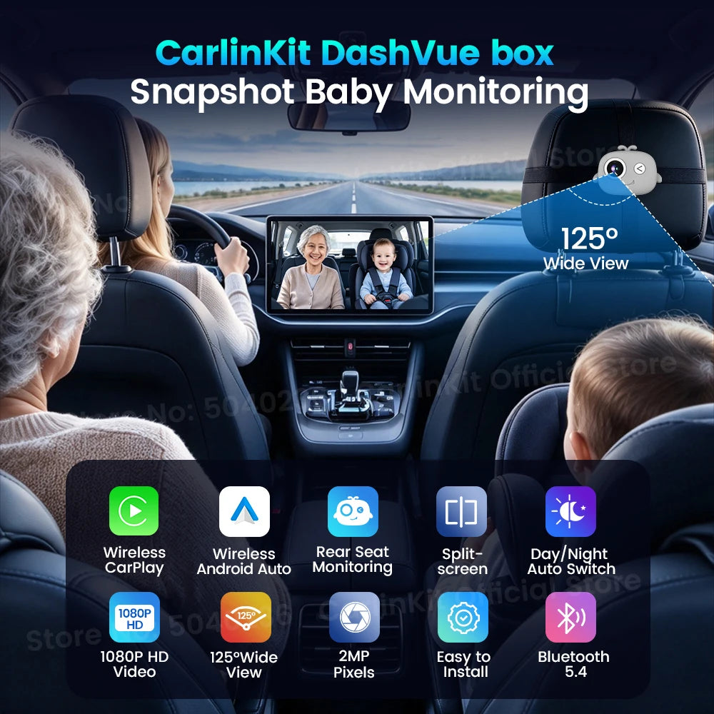 CarlinKit DashVue Rear Seat Baby Monitor Wireless CarPlay Android Auto Box 1080P Wide-angle Night Vision Split Screen Car Camera