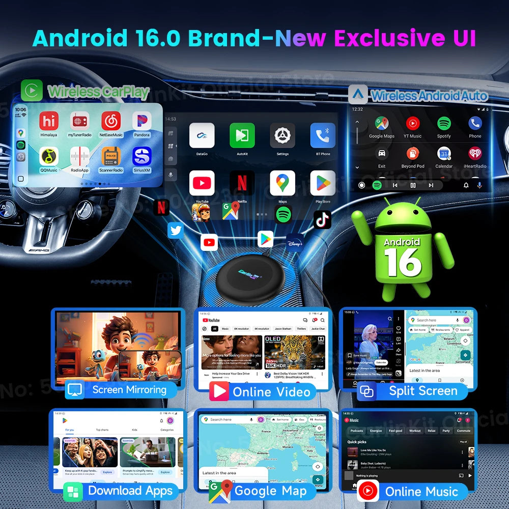 CarlinKit Android 16 Ultra 2 CarPlay AI Box CQ4390 8G+128GB Screen Mirroring Wireless Android Auto Split Screen FOTA For Netflix