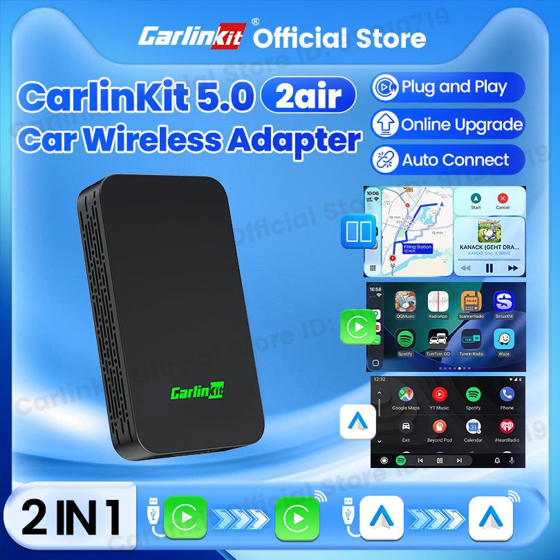 Carlinkit 5.0 2Air Wireless CarPlay Android Auto Wireless Box Two-Dual Adapter 2-Channel Work Waze Spotify 5.8Ghz WiFi BT Siri GPS Auto