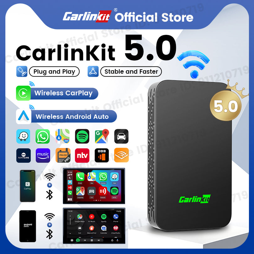 Carlinkit 5.0 2Air Wireless CarPlay Android Auto Wireless Box Two-Dual Adapter 2-Channel Work Waze Spotify 5.8Ghz WiFi BT Siri GPS Auto