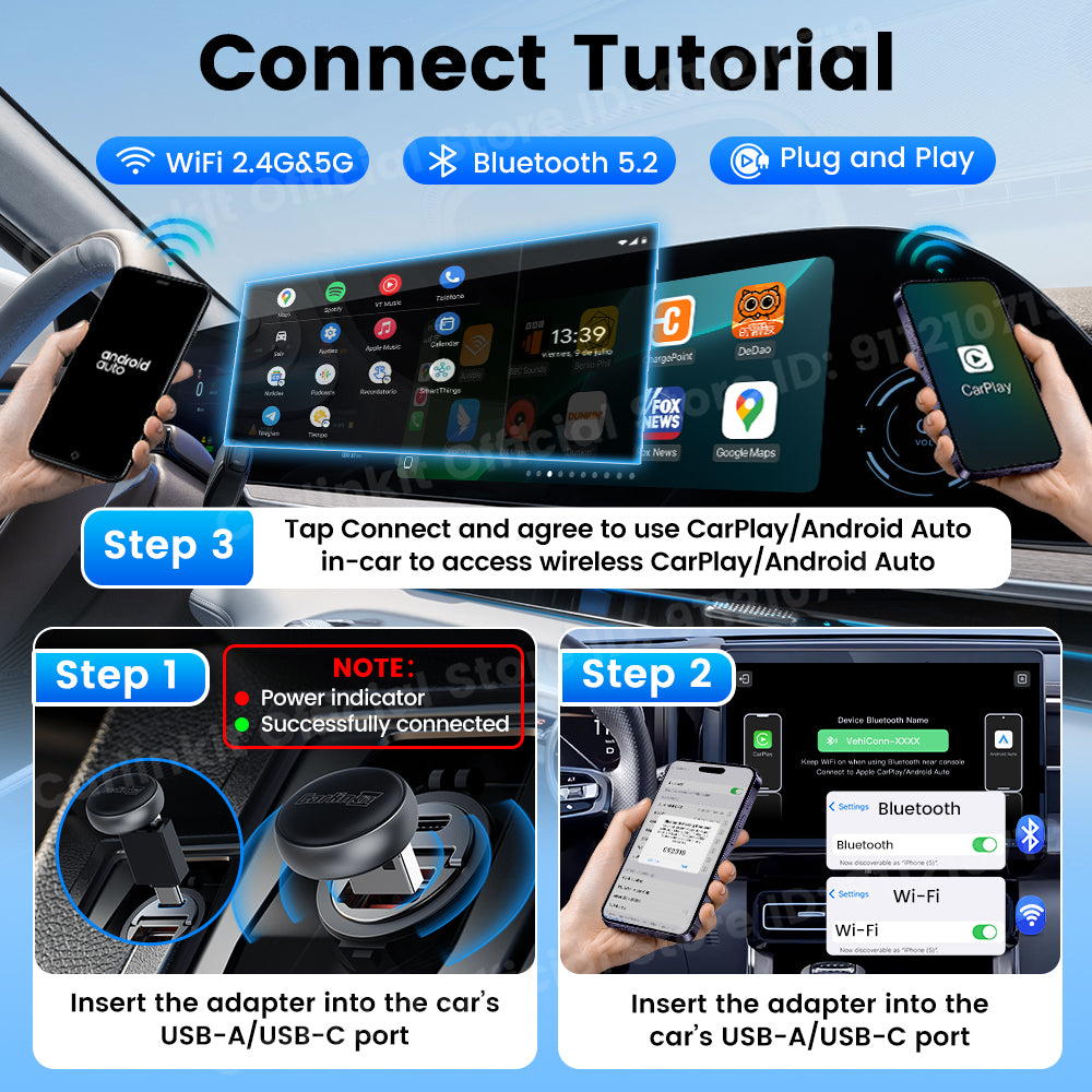 Carlinkit Wireless CarPlay & Android Auto Adapter - Mini Ultra 3 Convert OEM Wired to Wireless Dongle for iPhone & Android 11+, USB-A/Type-C Plug & Play, Fast Connection, Online Upgrade