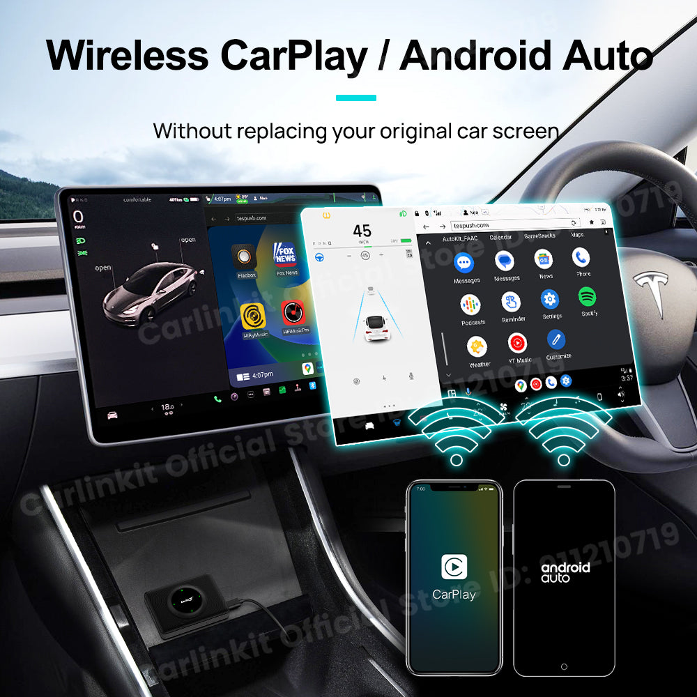 CarlinKit Wireless CarPlay Android Auto Mini Box Adattatore per Tesla Modello 3/X/Y/S CarPlay Attivatore Wireless Navigazione Spotify Siri iOS16 Nuovo 