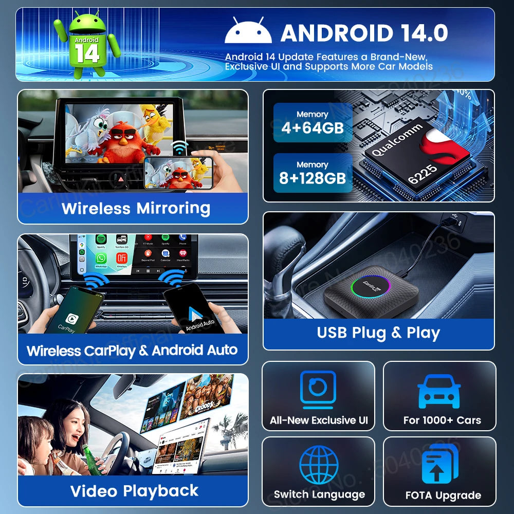 CarlinKit Android 14 New Upgrade CarPlay AI Box SM6225 8+128G Screen Mirroring GPS For YouTube Play Store Wireless Android Auto Adapter