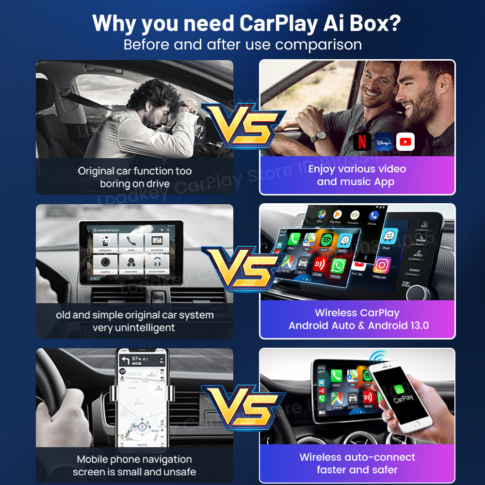 Wireless CarPlay Android AUTO Multimedia Video Ai Box Dongle, Built-in  Android Closed System//Netflix, for All Cars