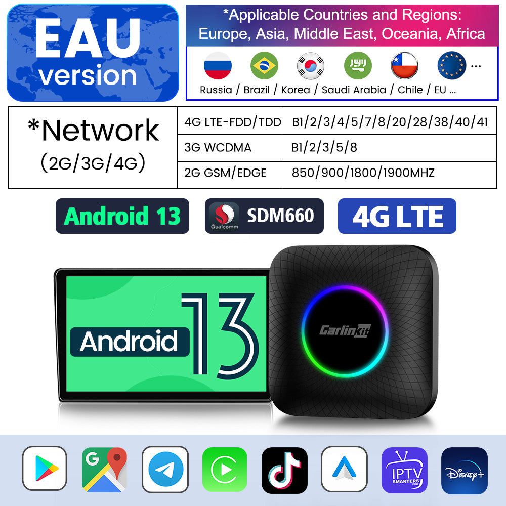 Carlinkit – boîtier TV Android 13 pour voiture, LED, adaptateur sans fil CarPlay, SM6225, 8 cœurs, IPTV, Netfilx, lecture vidéo, CarPlay, Ai, 2023