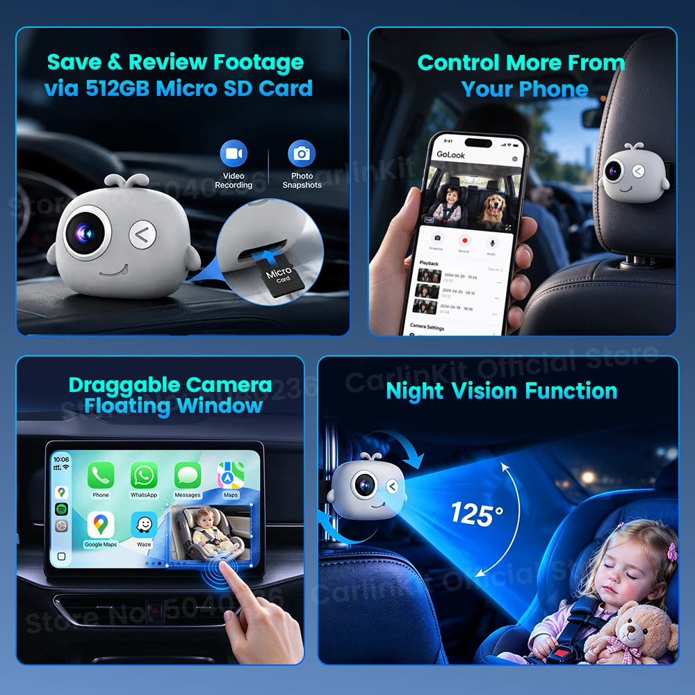 CarlinKit DashVue Rear Seat Baby Monitor Wireless CarPlay Android Auto Box 1080P Wide-angle Night Vision Split Screen Car Camera