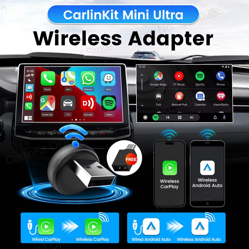 Carlinkit Wireless CarPlay & Android Auto Adapter - Mini Ultra 3 Convert OEM Wired to Wireless Dongle for iPhone & Android 11+, USB-A/Type-C Plug & Play, Fast Connection, Online Upgrade