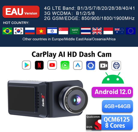 CarlinKit QCM 6125 Android 12 sans fil Carplay Al Box Android Auto HD Dash Cam 1080P 4G + 64G YouTube Netflix Google Play Mini TV Box