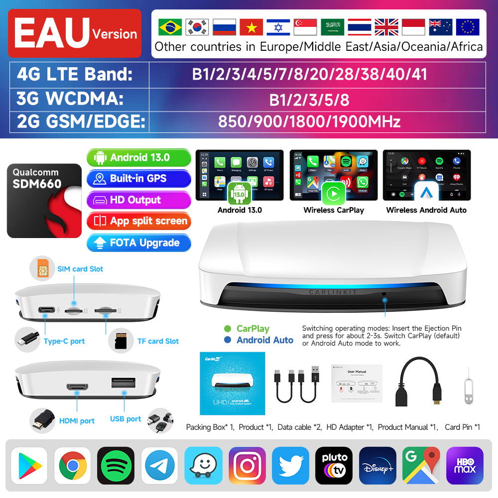 2024 New CarlinKit Android 13 CarPlay AI Box HDMI Wireless CarPlay Android Auto TV Video Box Qualcomm SDM660 8-Core Split Screen