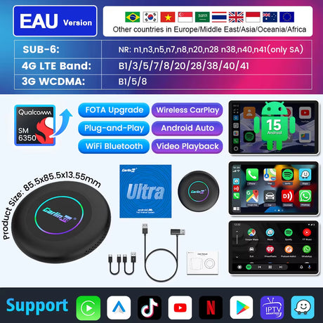 Carlinkit Ultra 2 Android 15 CarPlay Ai Box Wireless Android Auto Video Adapter Support Youtube Netflix TF SIM Card 128GB WiFi 6